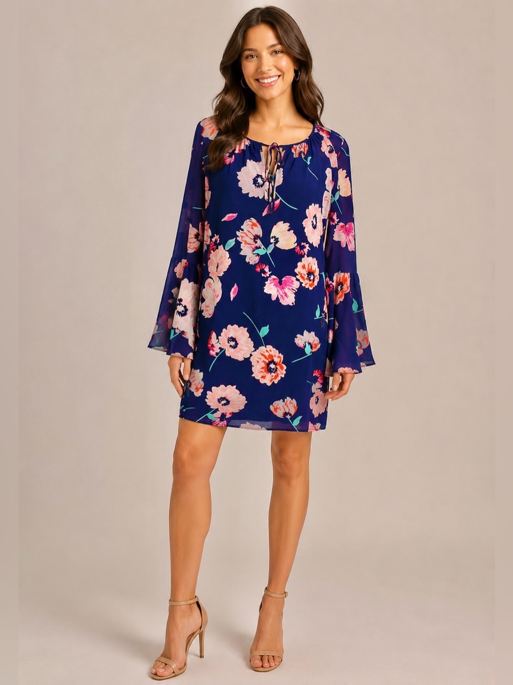 NWOT Yumi Kim Silk Floral Shift Dress Small Bell Sleeve Boho Cocktail Mini - Picture 2 of 11